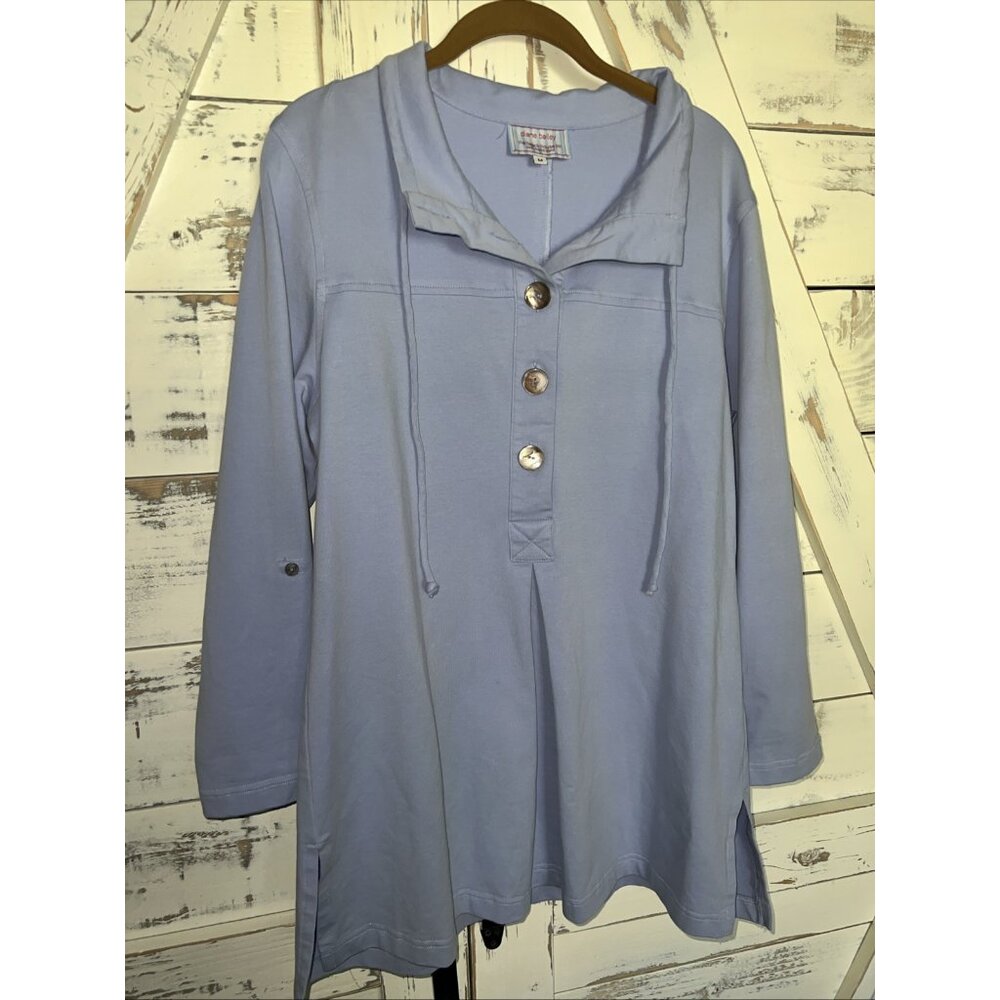Diane Bailey Aerial Blue Beach House 3/4 Sleeve Cotton Tunic Button Up Shirt M